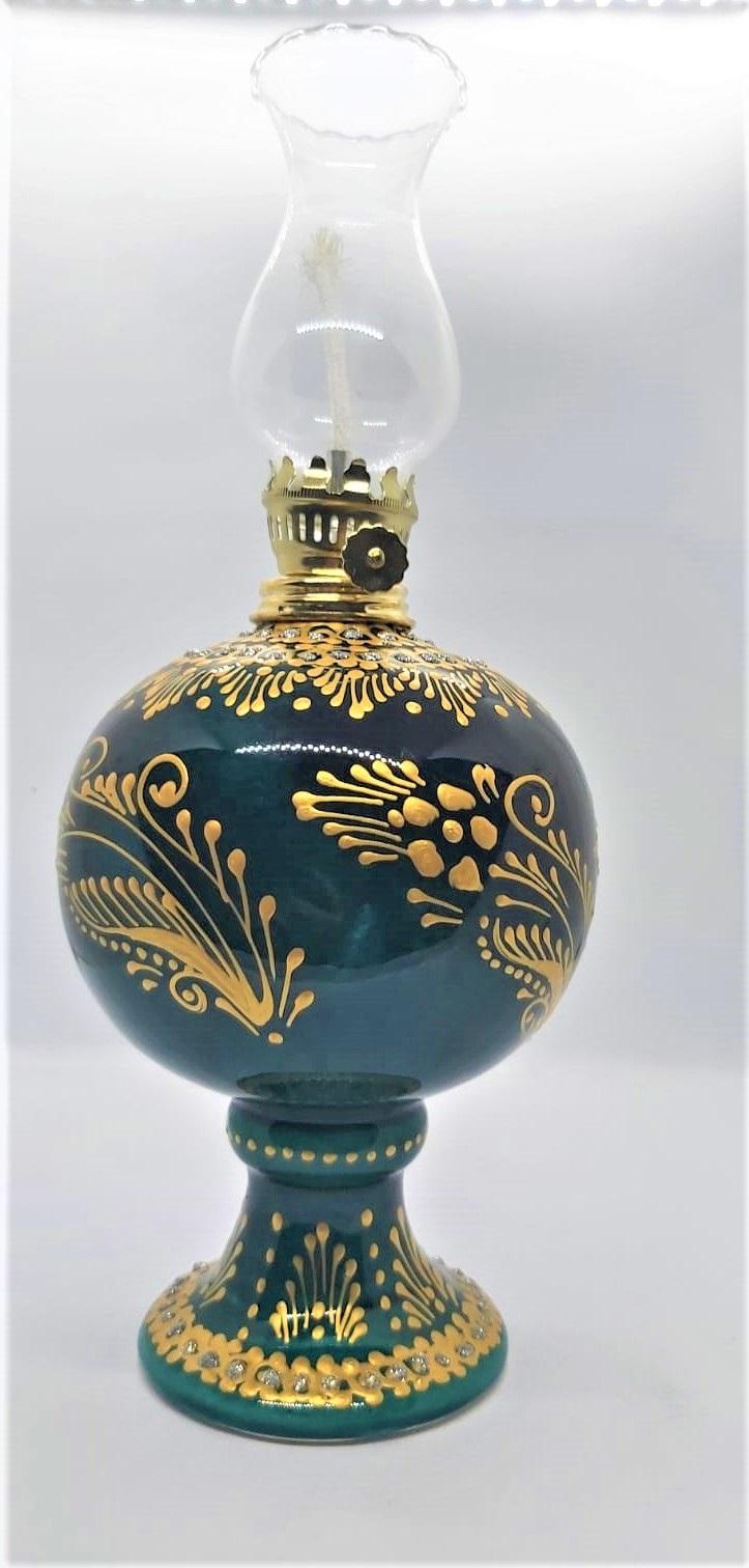 Gaz Lambası (Yaldızlı El Yapımı Çini Tombul Gaz Lambası) Boy 29 Cm En