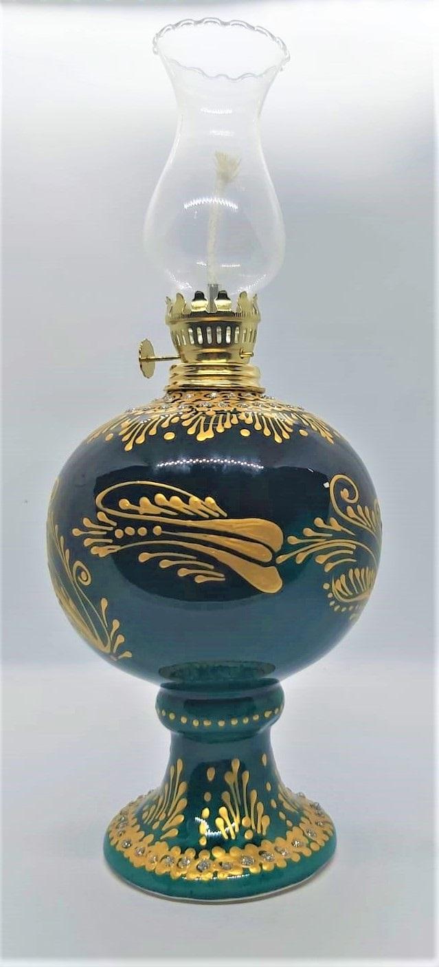Gaz Lambası (Yaldızlı El Yapımı Çini Tombul Gaz Lambası) Boy 29 Cm En