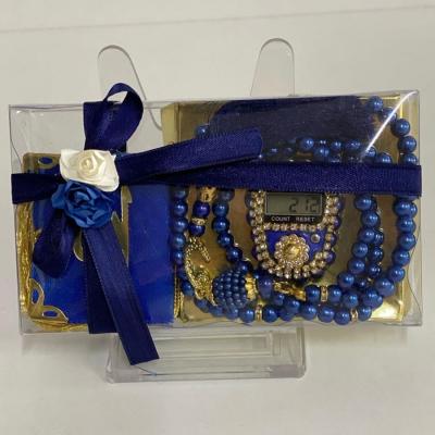 Mini Kuran-ı Kerim, Lüks Taşlı Zikirmatik, İnci Tesbih Kombin - Lacivert